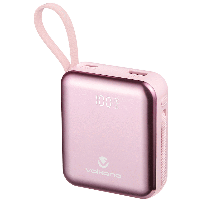 Volkano Solace Series 10 000 mAh Power Bank with Built-in USB-C & Lightning Cable - Pink & Rose Gold
