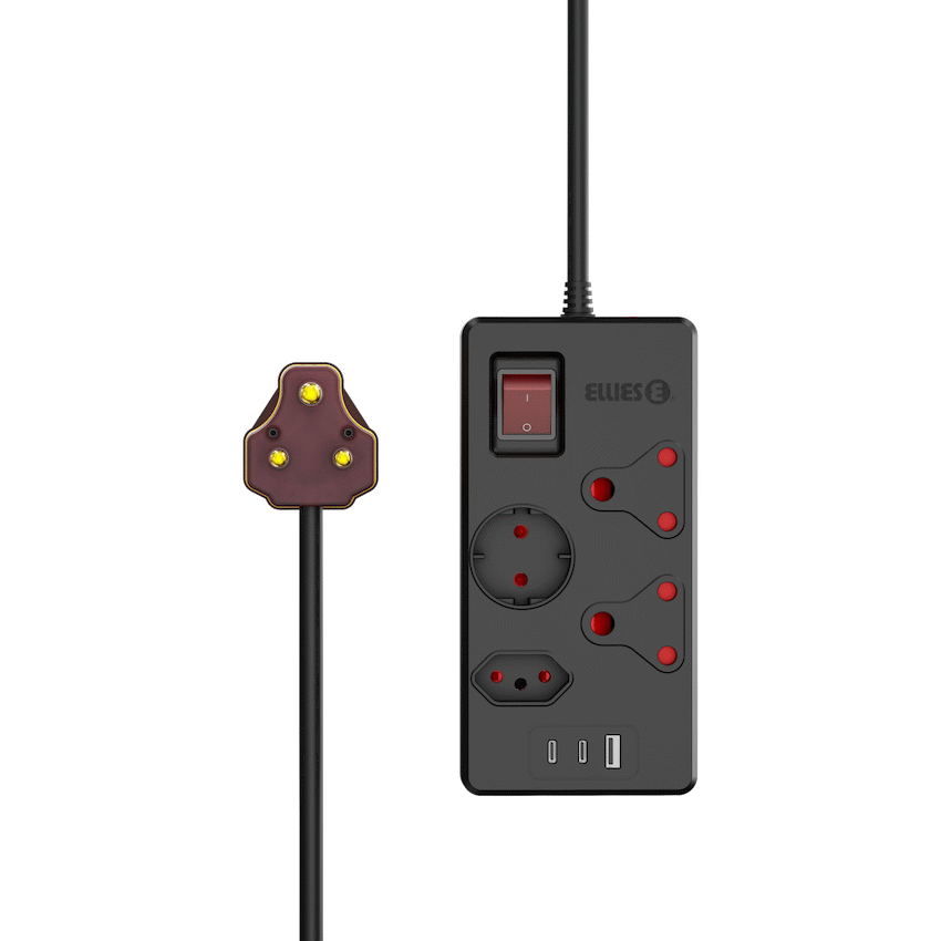 High Surge 4 Way Multi-plug PD20W Dual USB-C + USB - 0.5M - BK